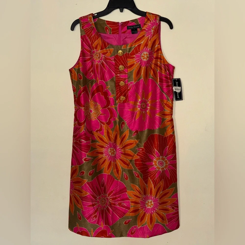 Jessica Howard Fuchsia and Tangerine Floral Dress Round Neck Sleeveless - Picture 1 of 10